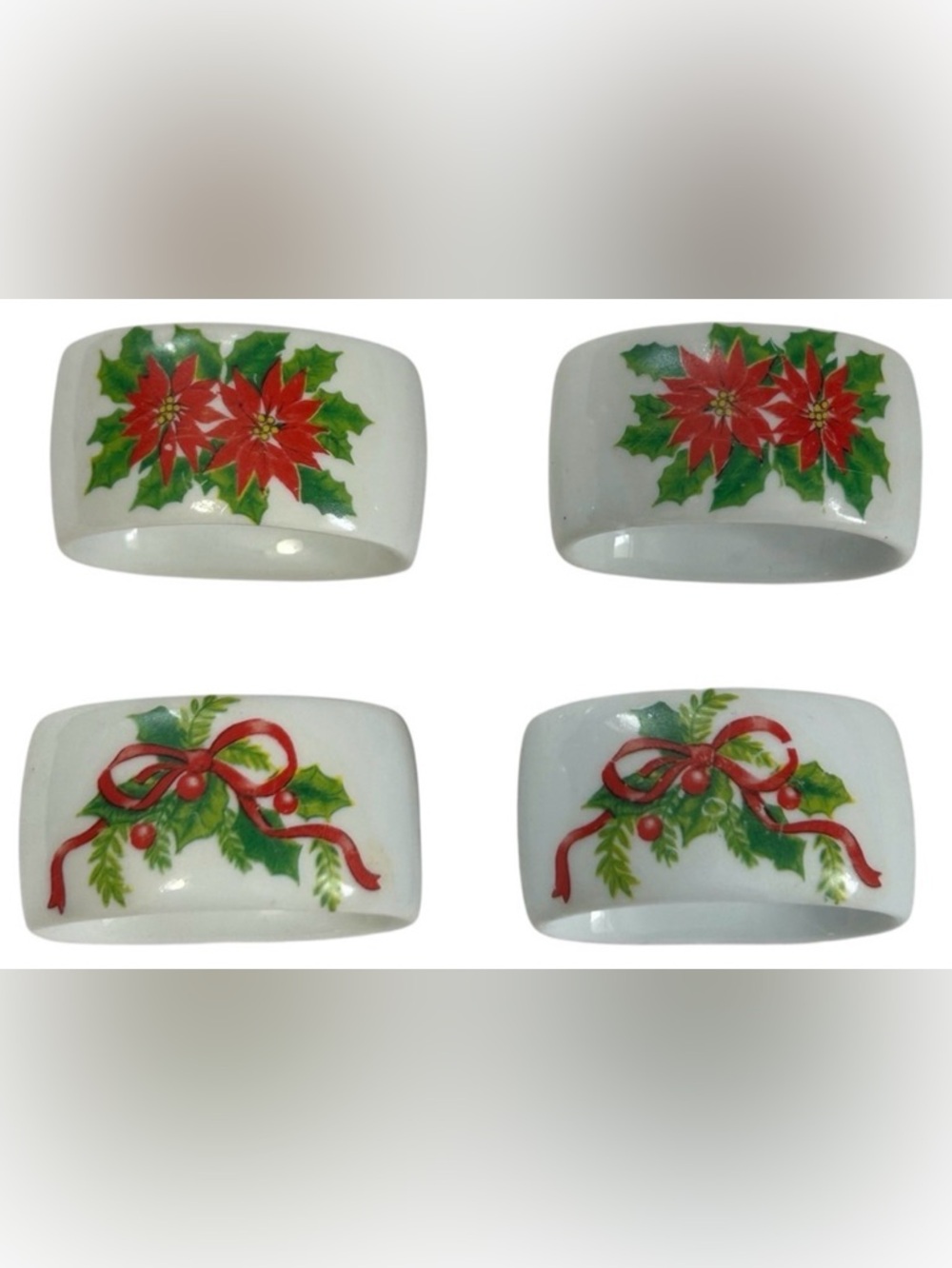VINTAGE PORCELAIN CHRISTMAS NAPKIN RING HOLDERS POINSETTIA MISTLETOE